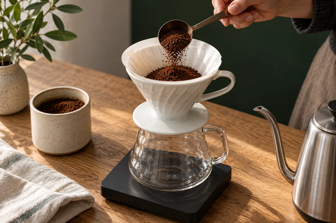 Kaffeemehl im Handfilter – illustrative Aufnahme