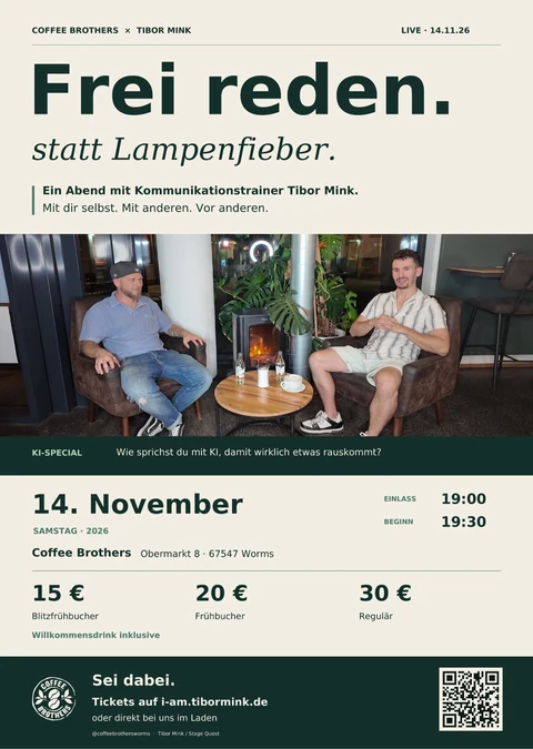 Veranstaltungsplakat Frei reden statt Lampenfieber mit Tibor Mink am 14. November 2026