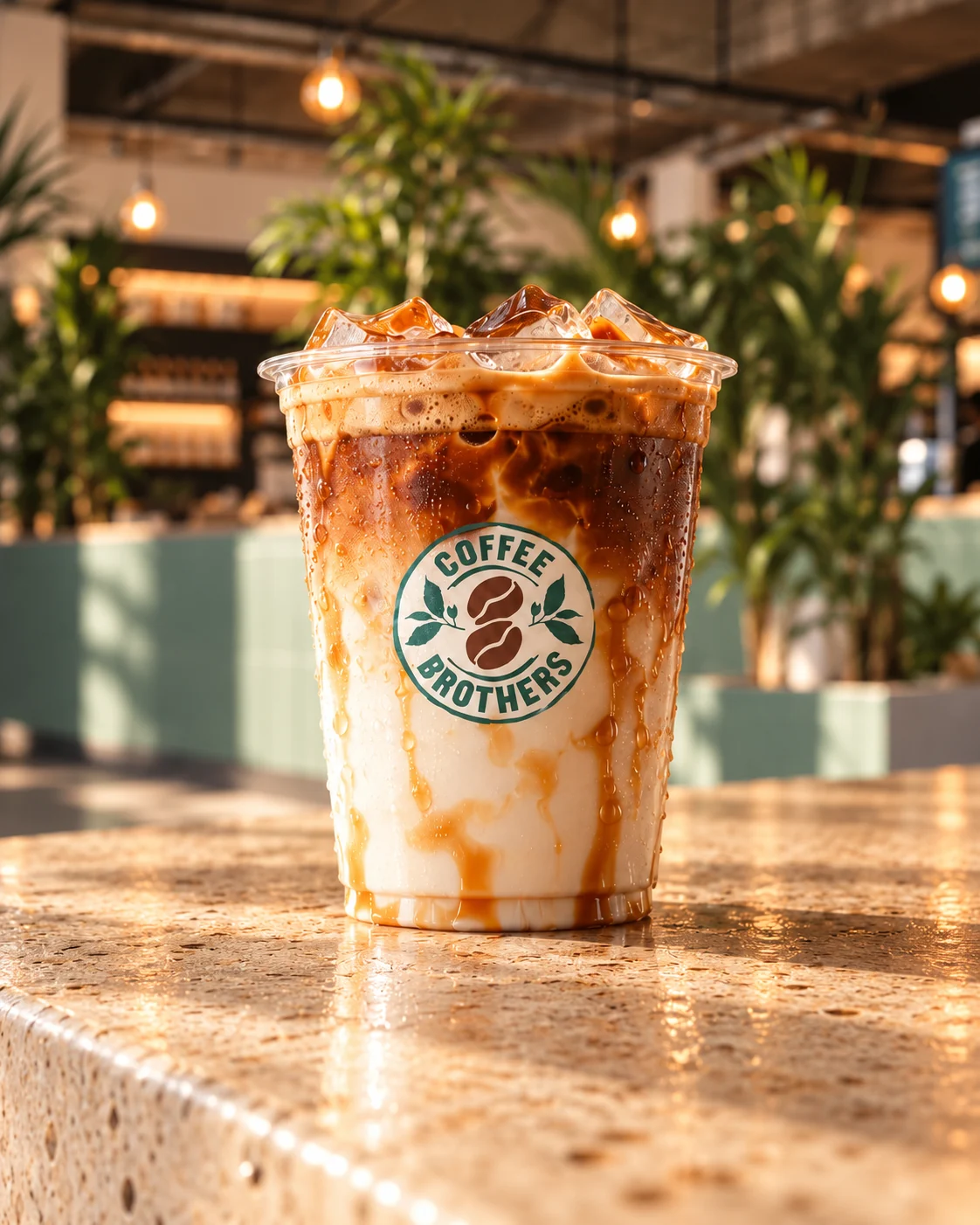 Iced Caramel Coffee mit Coffee-Brothers-Logo im Café – illustrative KI-Aufnahme