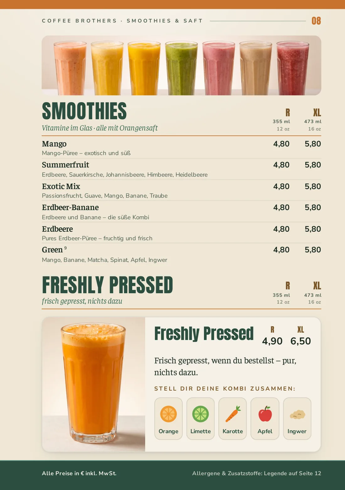 Speisekarte Seite 8: Smoothies & Saft