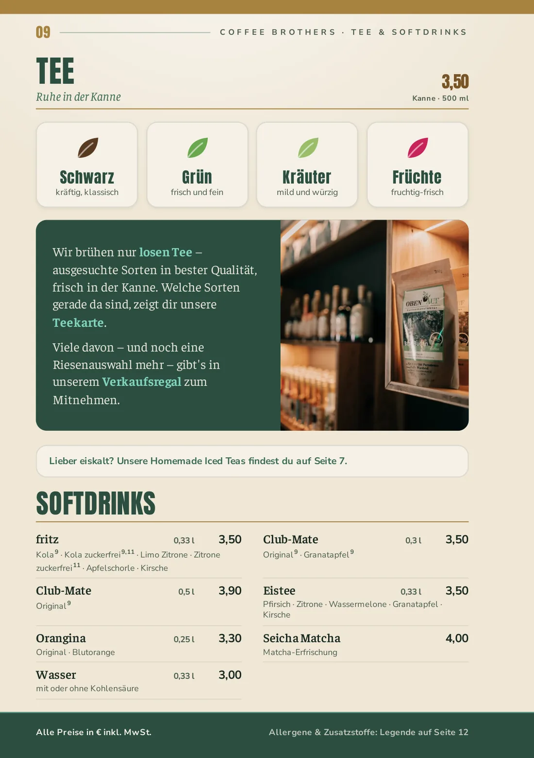 Speisekarte Seite 9: Tee & Softdrinks