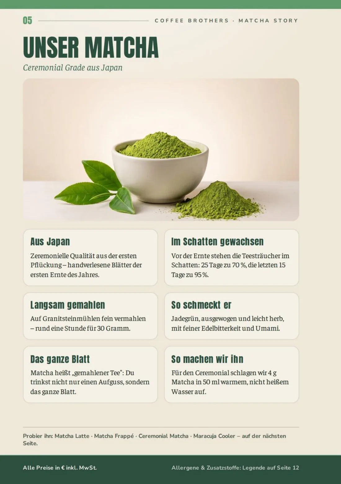 Speisekarte Seite 5: Matcha Story