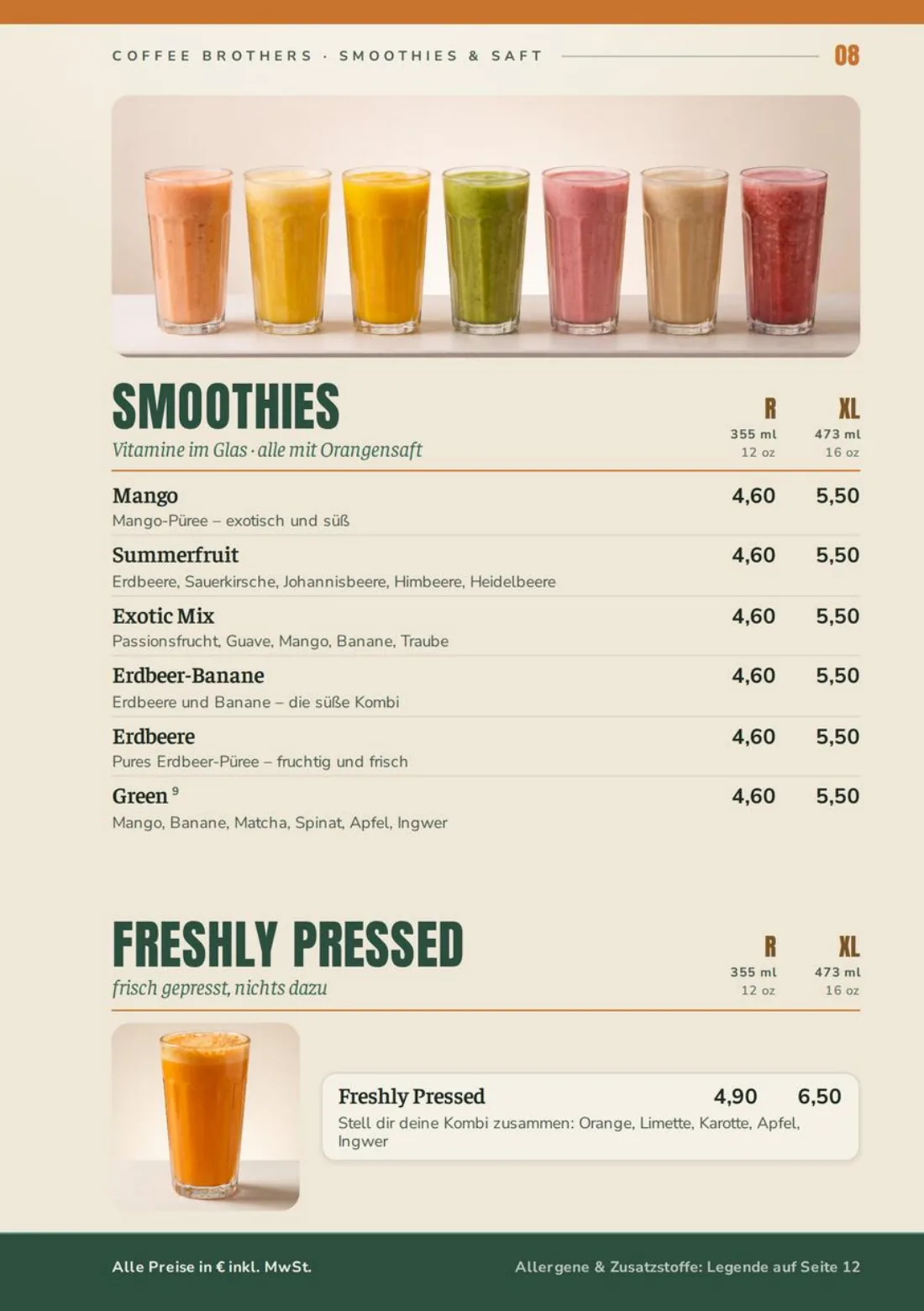 Speisekarte Seite 8: Smoothies & Saft