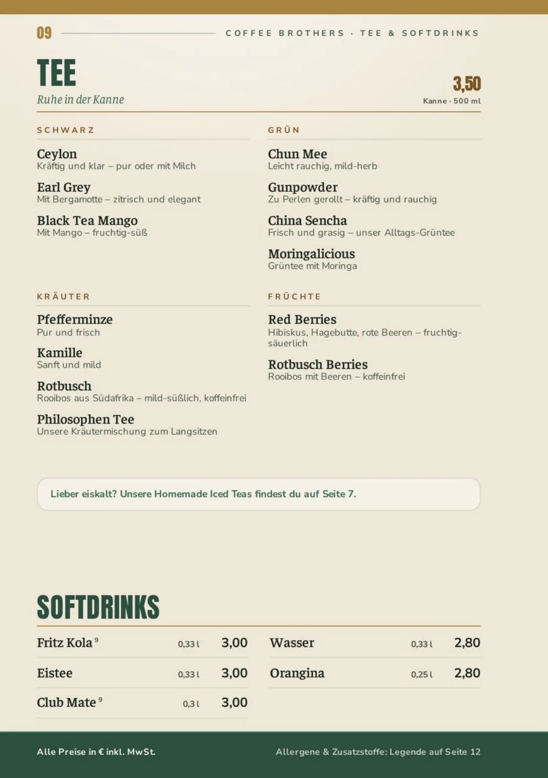 Speisekarte Seite 9: Tee & Softdrinks