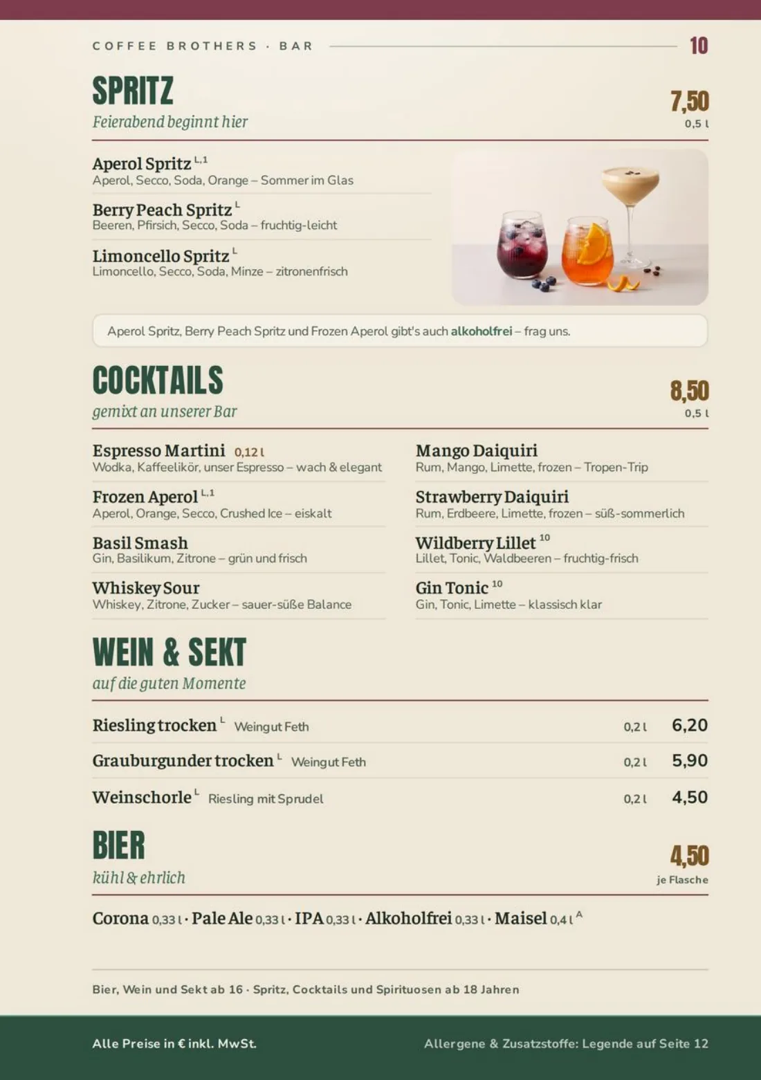 Speisekarte Seite 10: Bar – Spritz, Cocktails, Wein, Bier
