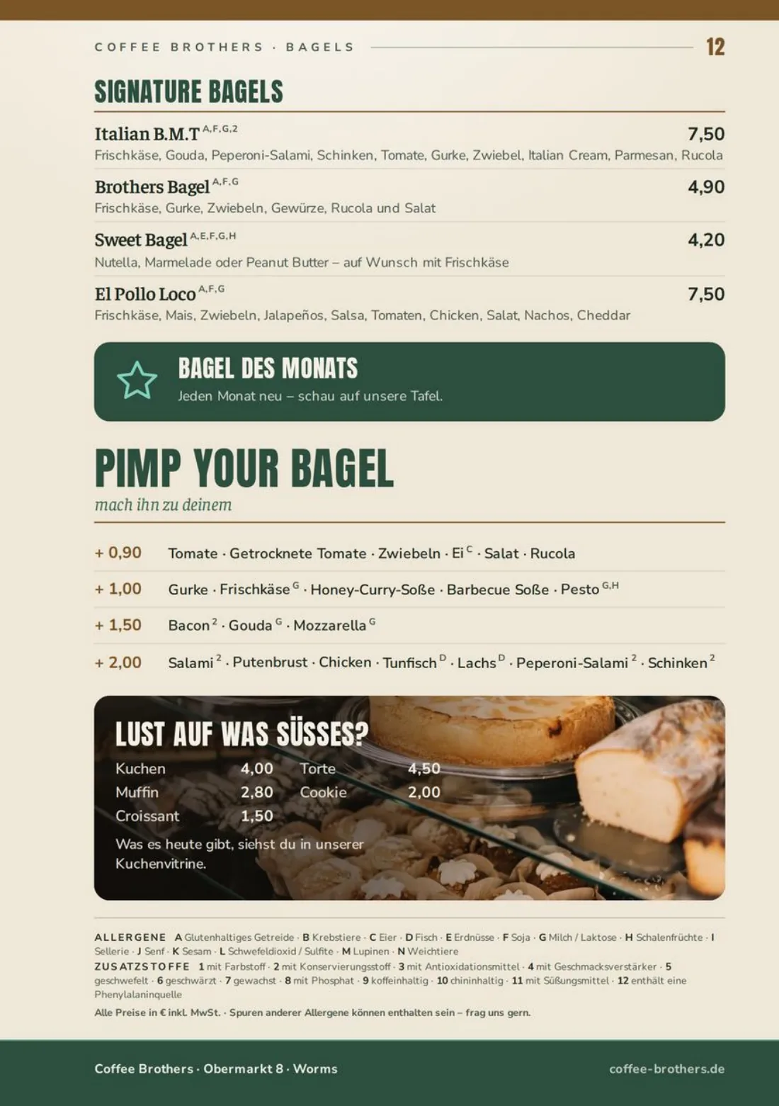 Speisekarte Seite 12: Bagels, Pimp your Bagel & Kuchen