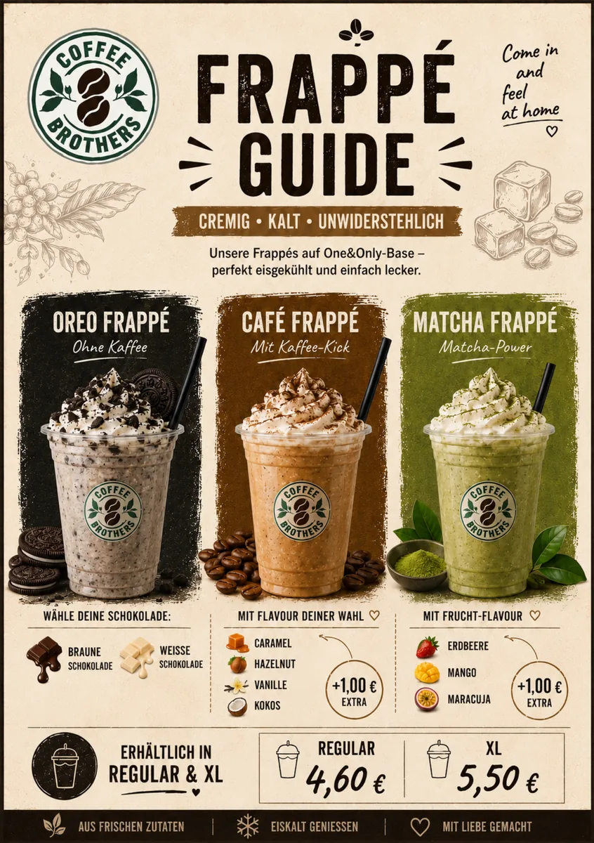 Frappé Sorten — Oreo, Café und Matcha