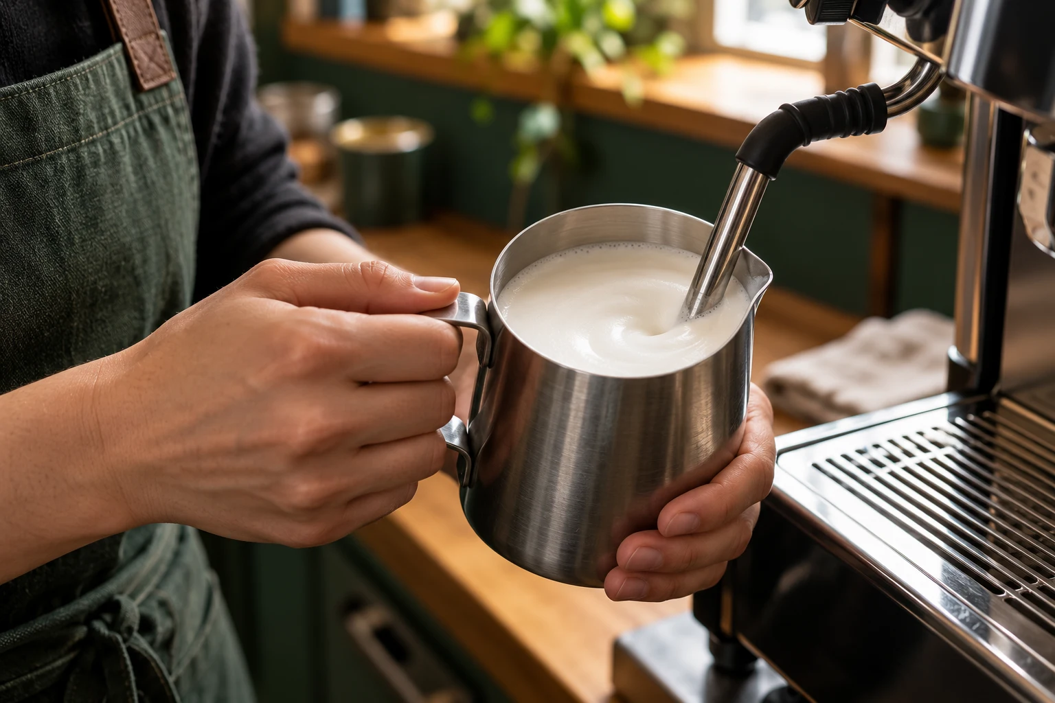 Milchkännchen an einer Dampflanze – illustrative KI-Aufnahme
