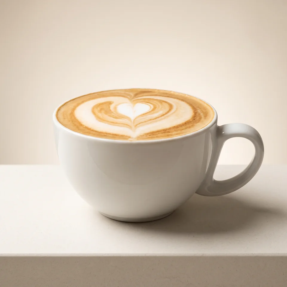 Cappuccino with heart-shaped latte art in a light-coloured cup.