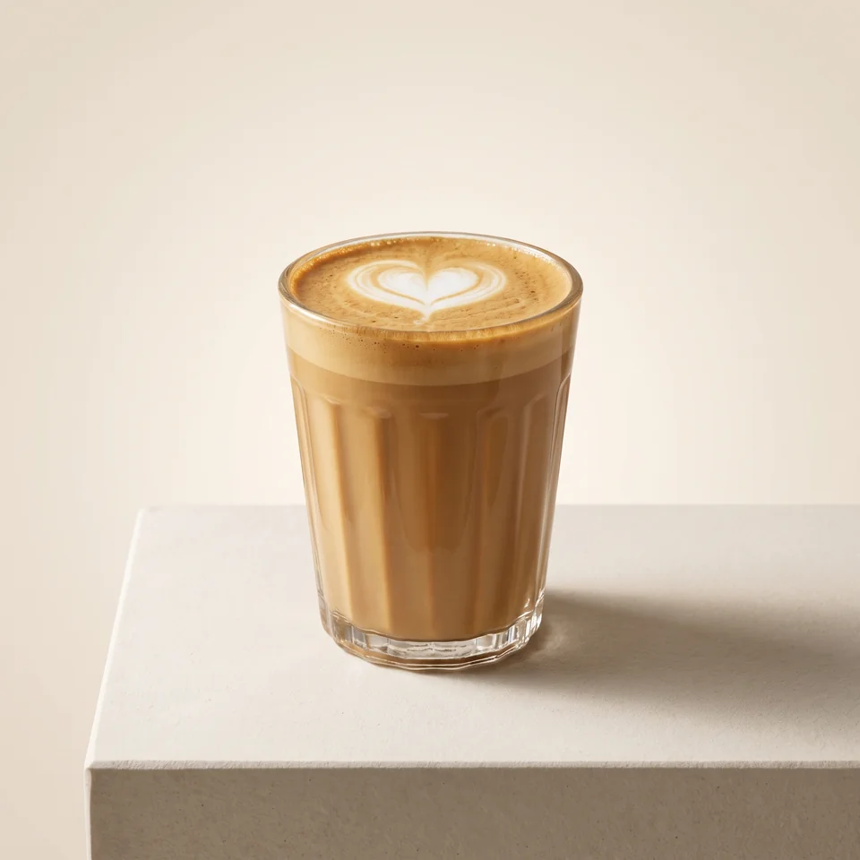 Flat White with heart-shaped latte art in a fluted glass.