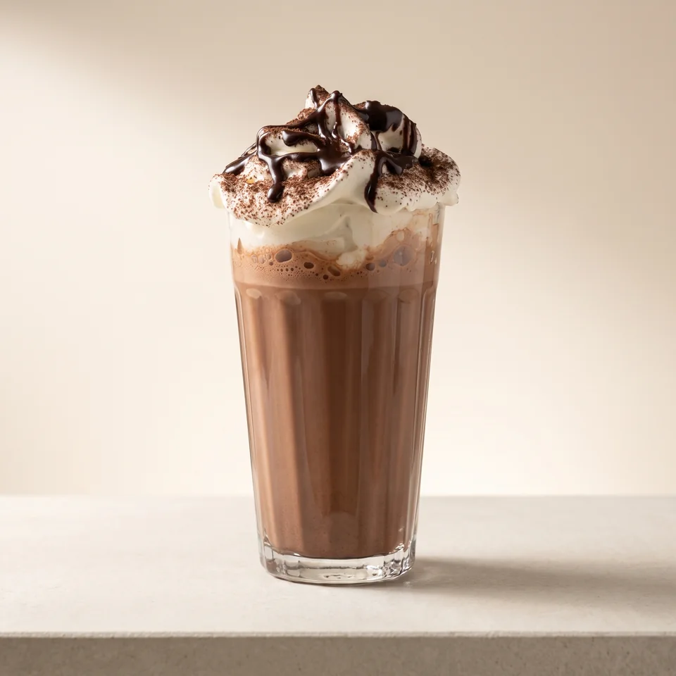 Hot chocolate with whipped cream and dark chocolate sauce in a tall glass.