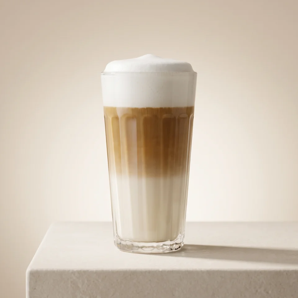 Latte Macchiato with distinct milk and coffee layers, topped with milk foam in a tall glass.