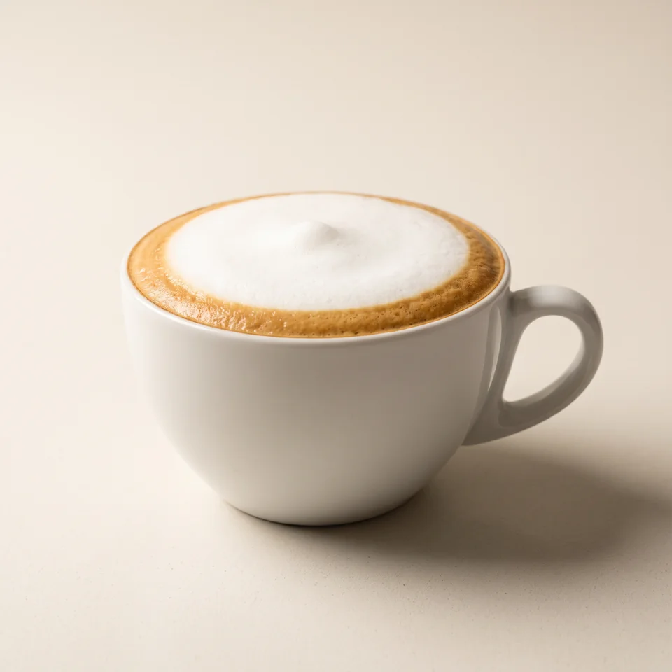 Milky coffee with light foam in a wide cup.