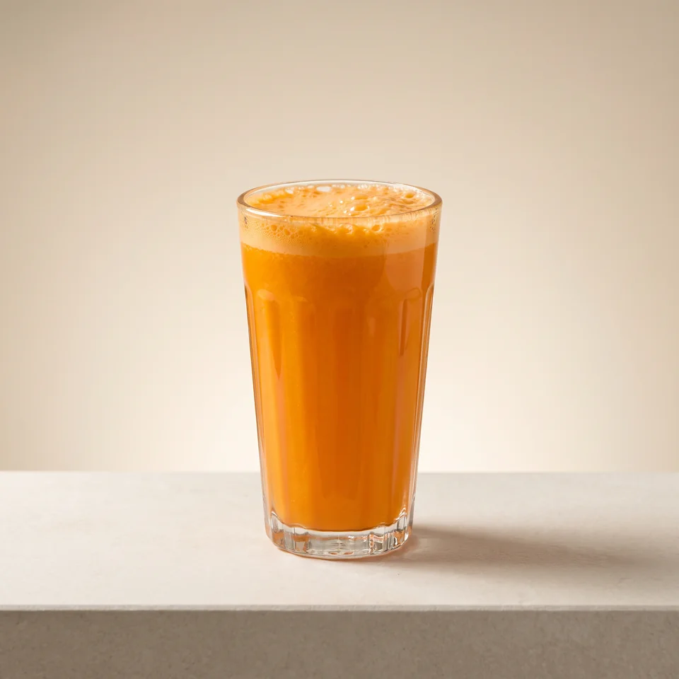 Freshly squeezed orange juice in a tall fluted glass.
