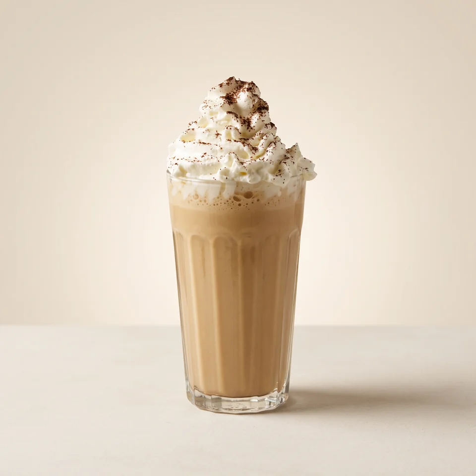 Café Frappé topped with whipped cream in a fluted glass.