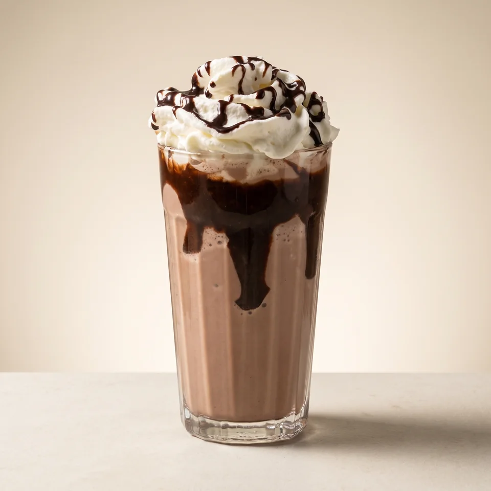 Chocolate Frappé with whipped cream and chocolate sauce in a tall glass.