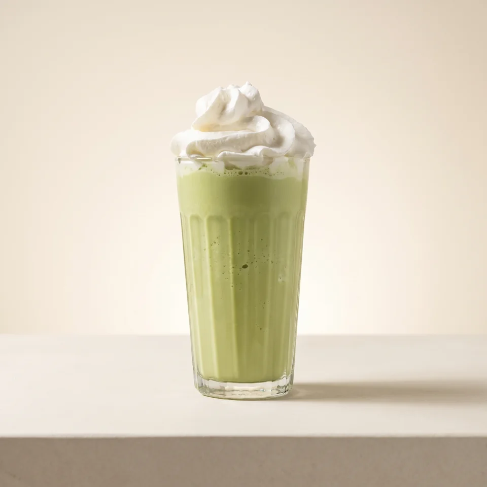 Green Matcha Frappé topped with whipped cream in a tall glass.