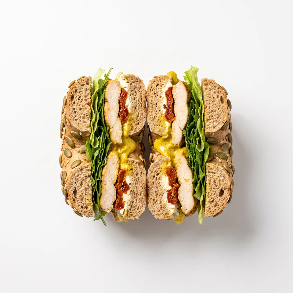 Aufgeschnittener Crazy Chicken Bagel mit Hähnchen, Blattsalat und gelber Creme.