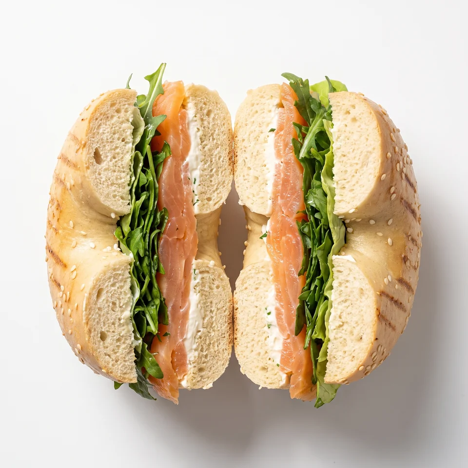 Aufgeschnittener Lachs Bagel mit sichtbarem Räucherlachs und Blattsalat.