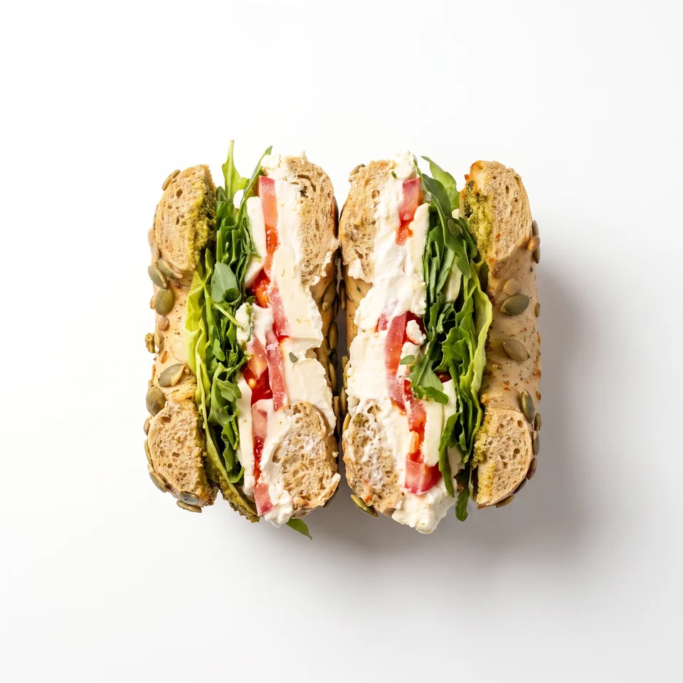 Aufgeschnittener Little Italy Bagel mit Tomate, Mozzarella und Blattsalat.