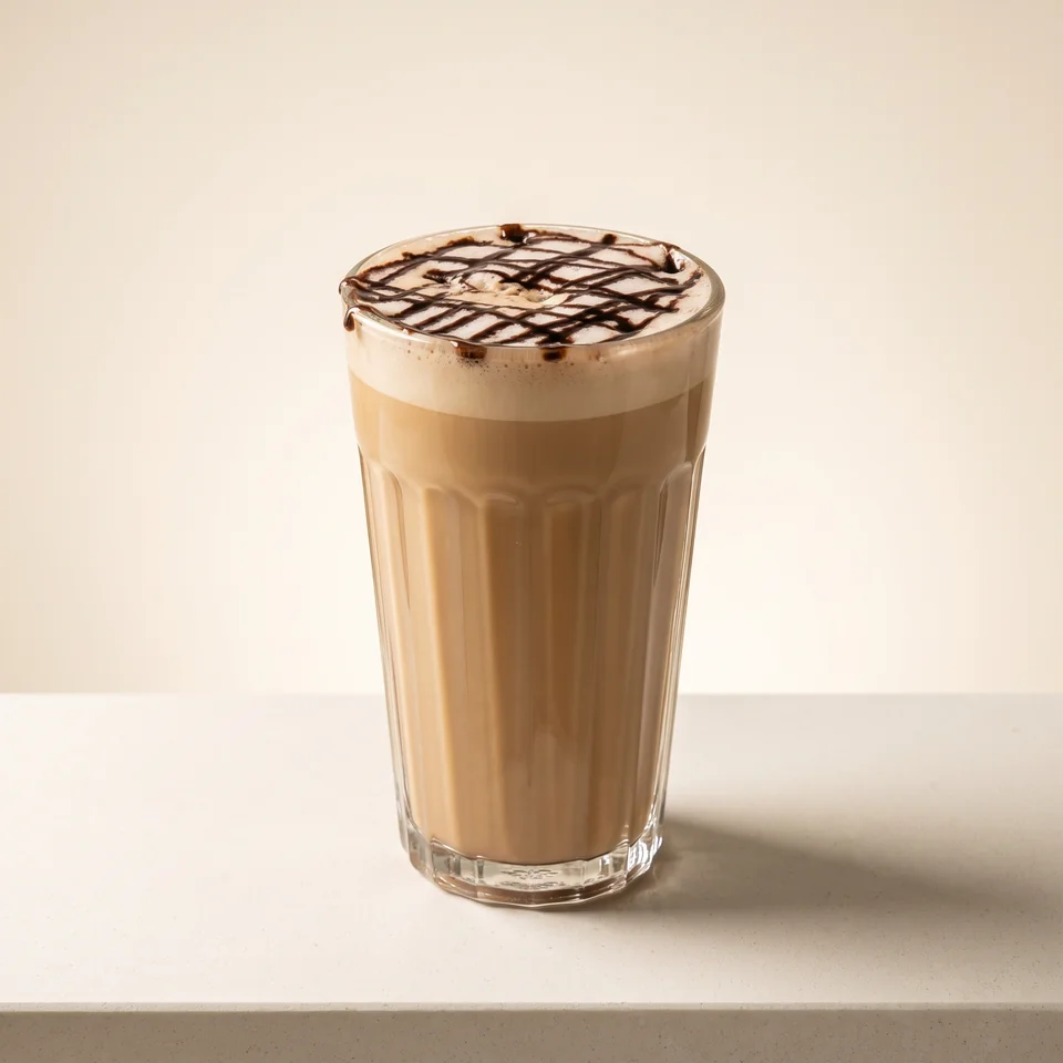 Black Macchiato im geriffelten Glas mit dunklem Schokoladenmuster auf dem Milchschaum.