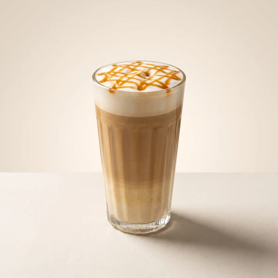 Caramel Macchiato im geriffelten Glas mit Karamellmuster auf dem Milchschaum.