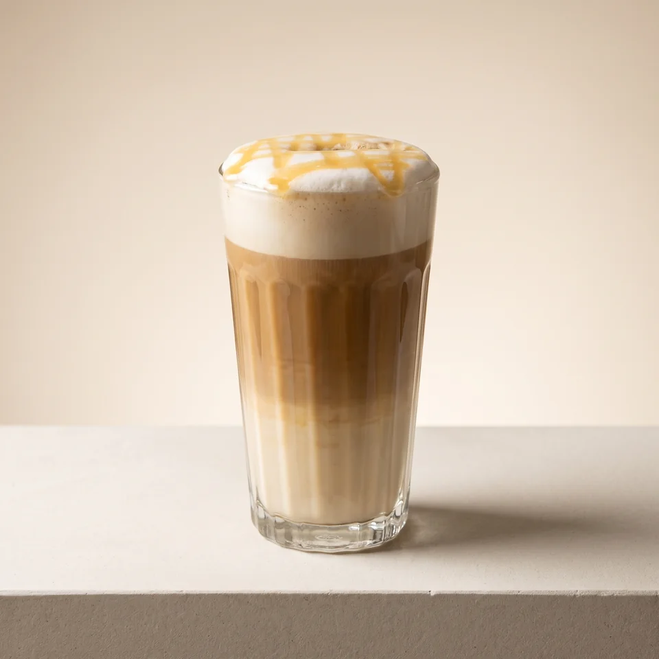 White Macchiato im geriffelten Glas mit Milchschaum und heller Sauce.