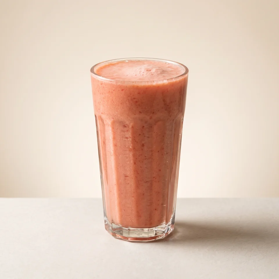 Pink Strawberry-Banana Smoothie in a tall glass.