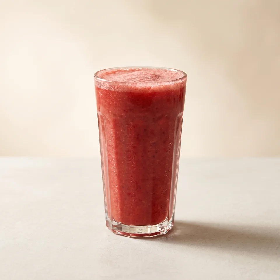 Red Strawberry Smoothie in a tall fluted glass.