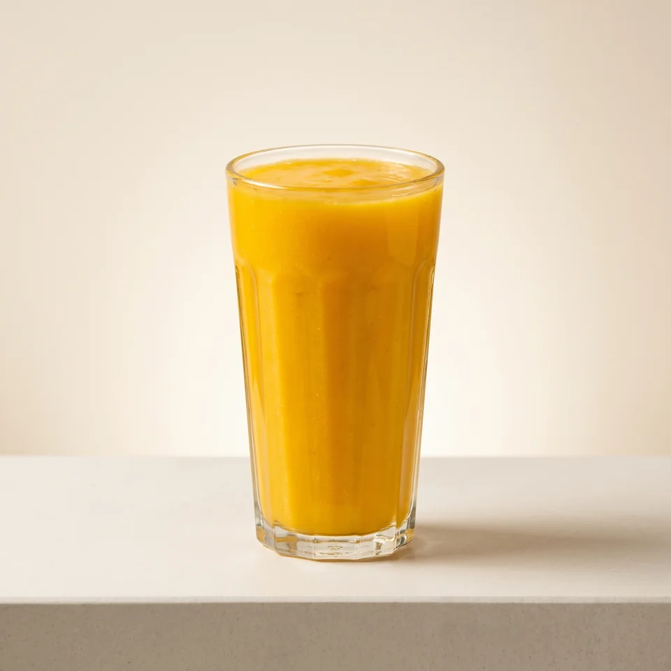 Bright yellow Mango Smoothie in a tall glass.